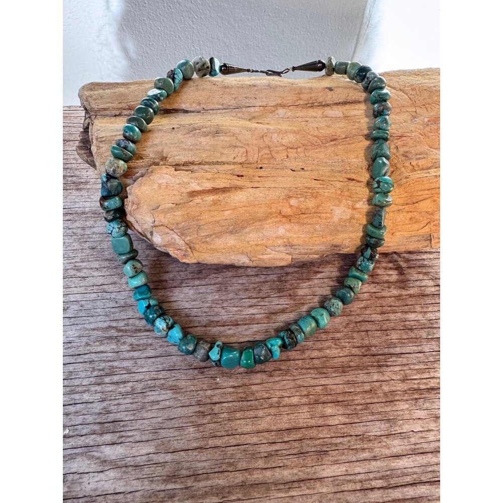 Vintage Turquoise Nugget Bead Necklace Sterling Silver Ends Hook Clasp Southwest
